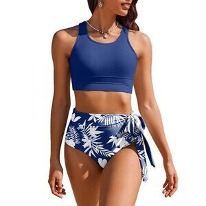 Sporty High Waisted Bikini Swimsuit Two-Piece Bathing Suit Tropical Blue MEDIUM